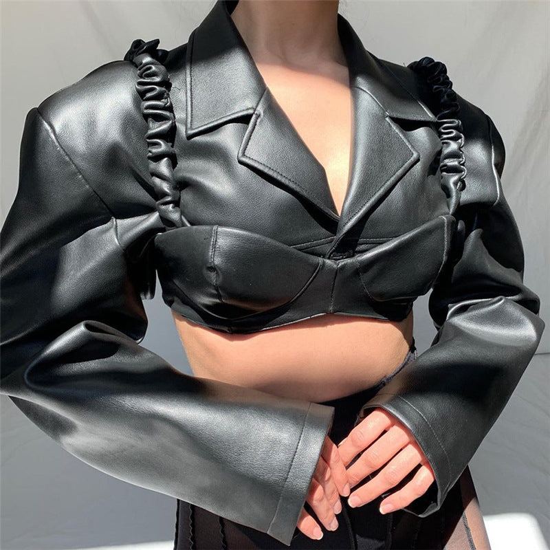 Elegant Slimming Faux Leather Shacket featuring a black leather cropped jacket for fashion style