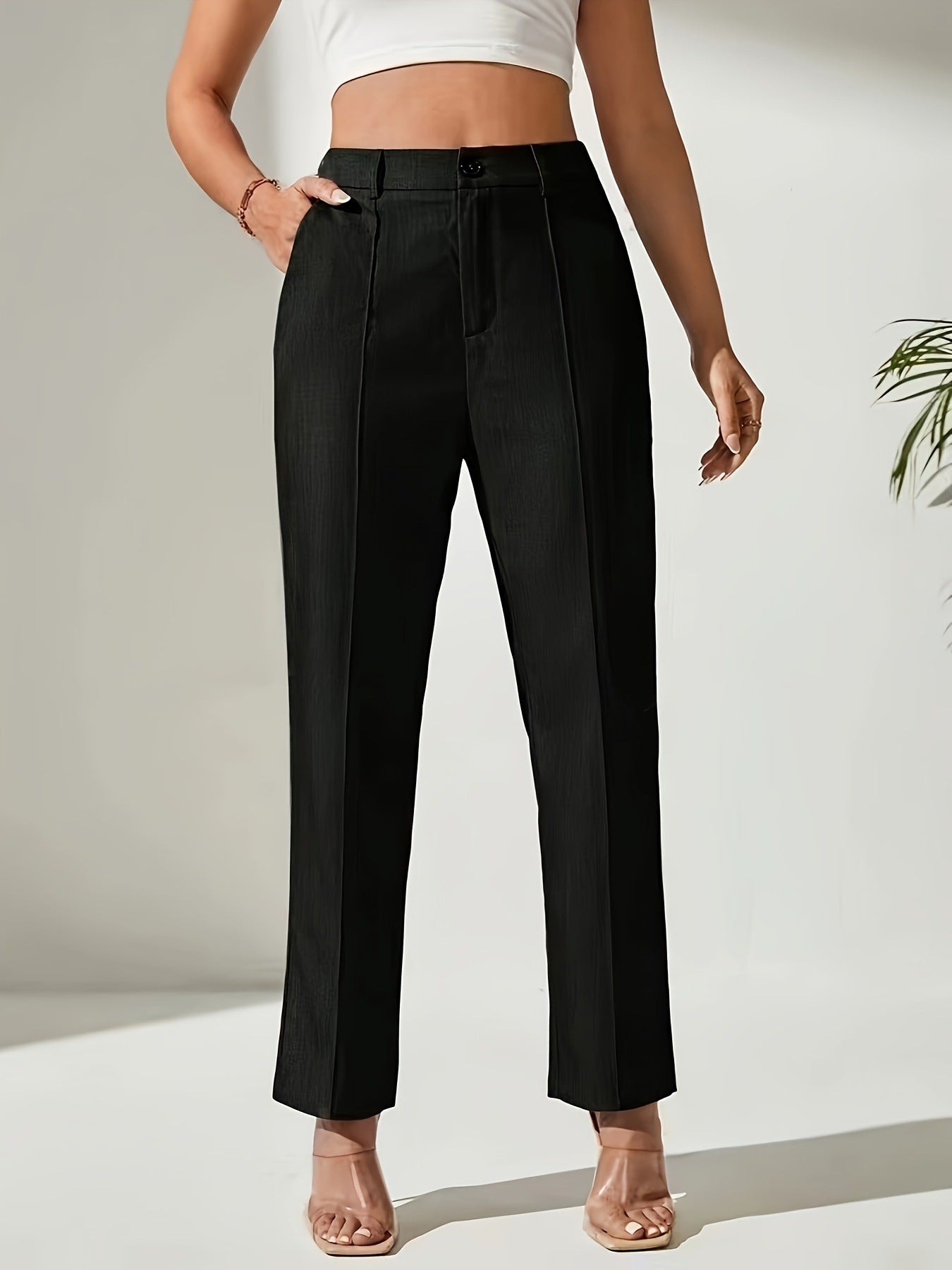 Black high-waisted straight-leg dress pants for women, stylish ملابس for work fashion