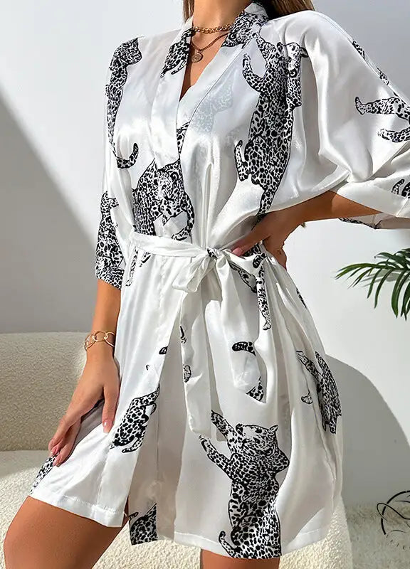 White casual cardigan nightgown romper in black leopard print with tie waist