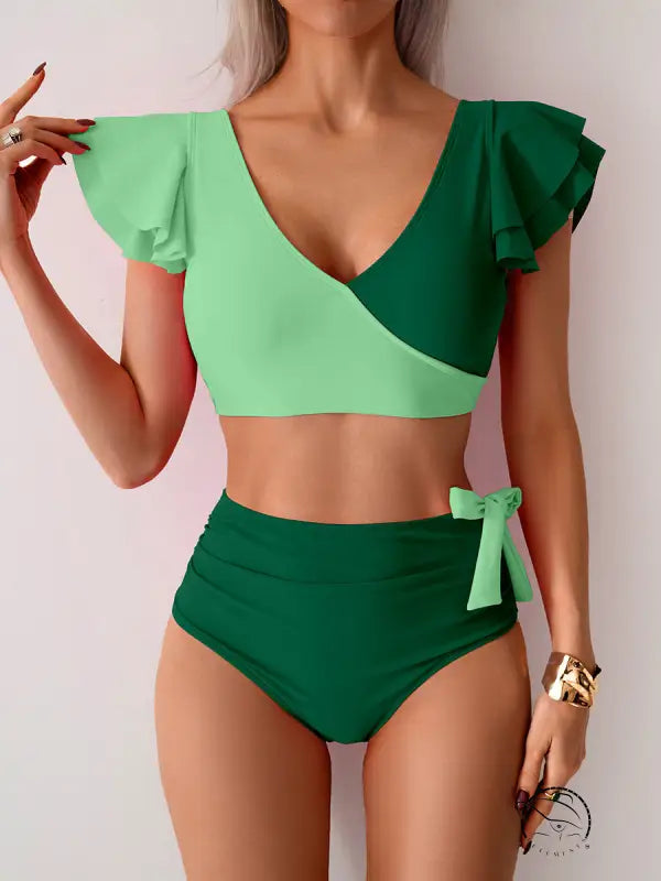 Stunning high waist bikini in two-tone green ruffled swimsuit