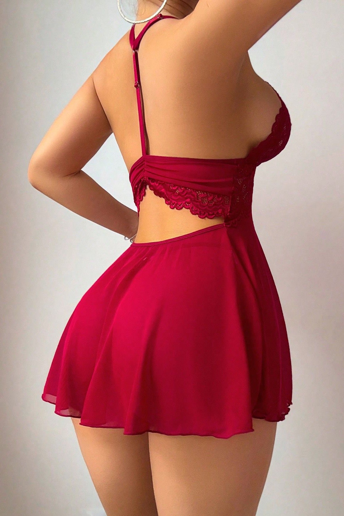 Button Strap Lingerie Lace Pleated Hem Underwear Set