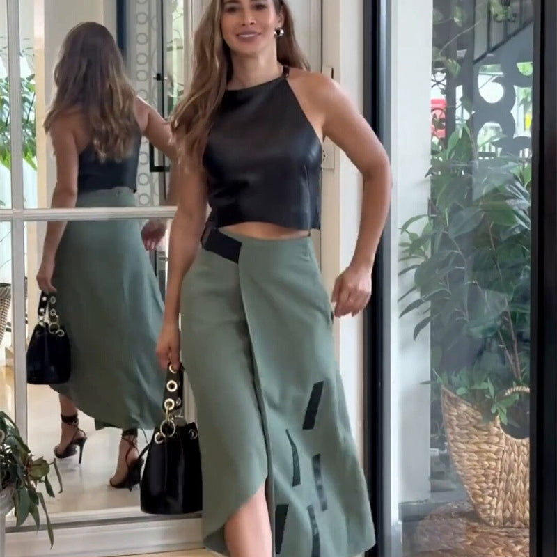 Elegant woman in stylish sleeveless halter short top and skirt set showcasing modern ملابس fashion