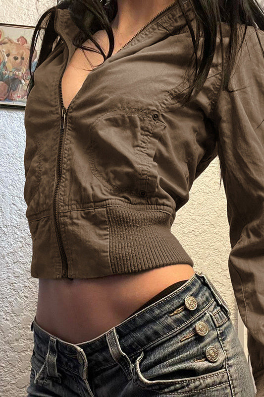 Langry olive green bomber jacket with zipper pockets in vintage fashion style