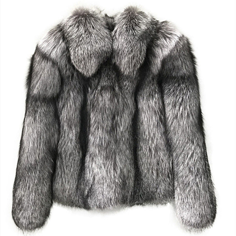 Luxurious silver fox faux fur coat with long, fluffy textured pelts for stylish fashion