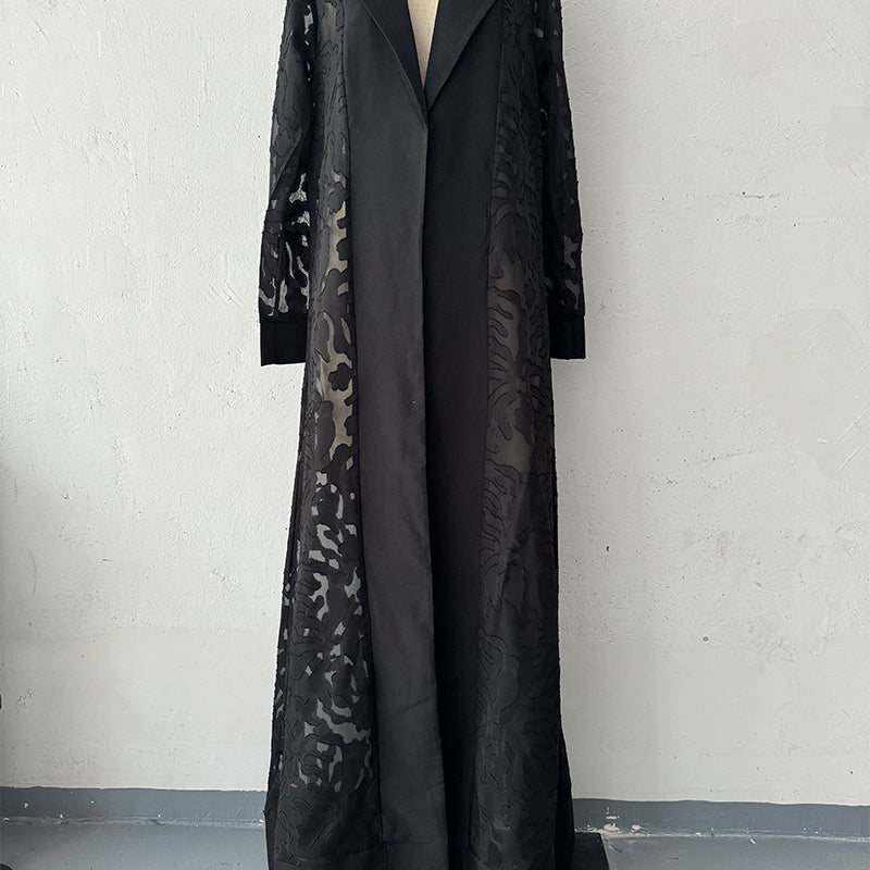 Designer black lace long-sleeved trench coat dress with tailored jacket overlay