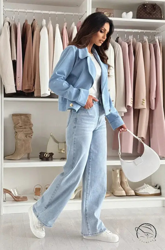 Langry fashion slim collared suede short coat in light blue denim style