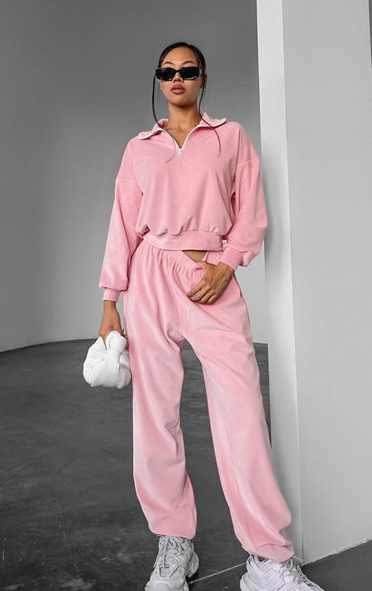 Gentle pink knitted velvet loungewear set by Langry fashion ملابس