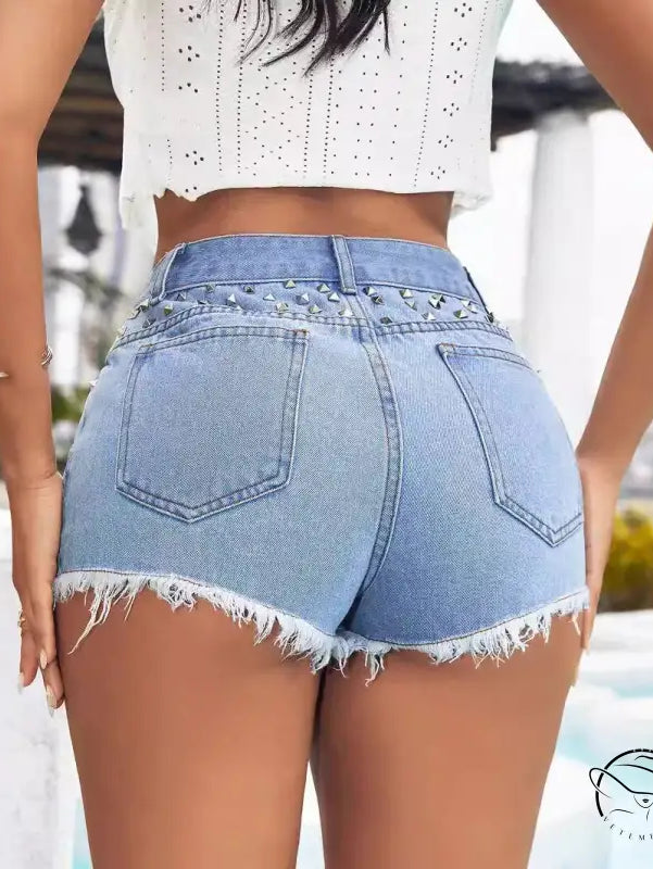 Slimming frayed beaded jeans shorts with light-wash denim and studded hems