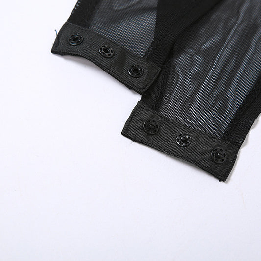 Round Neck See-through Mesh one Piece Slim Fit Patchwork Opera Glove t Shirt