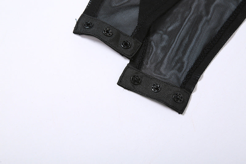 Round Neck See-through Mesh one Piece Slim Fit Patchwork Opera Glove t Shirt