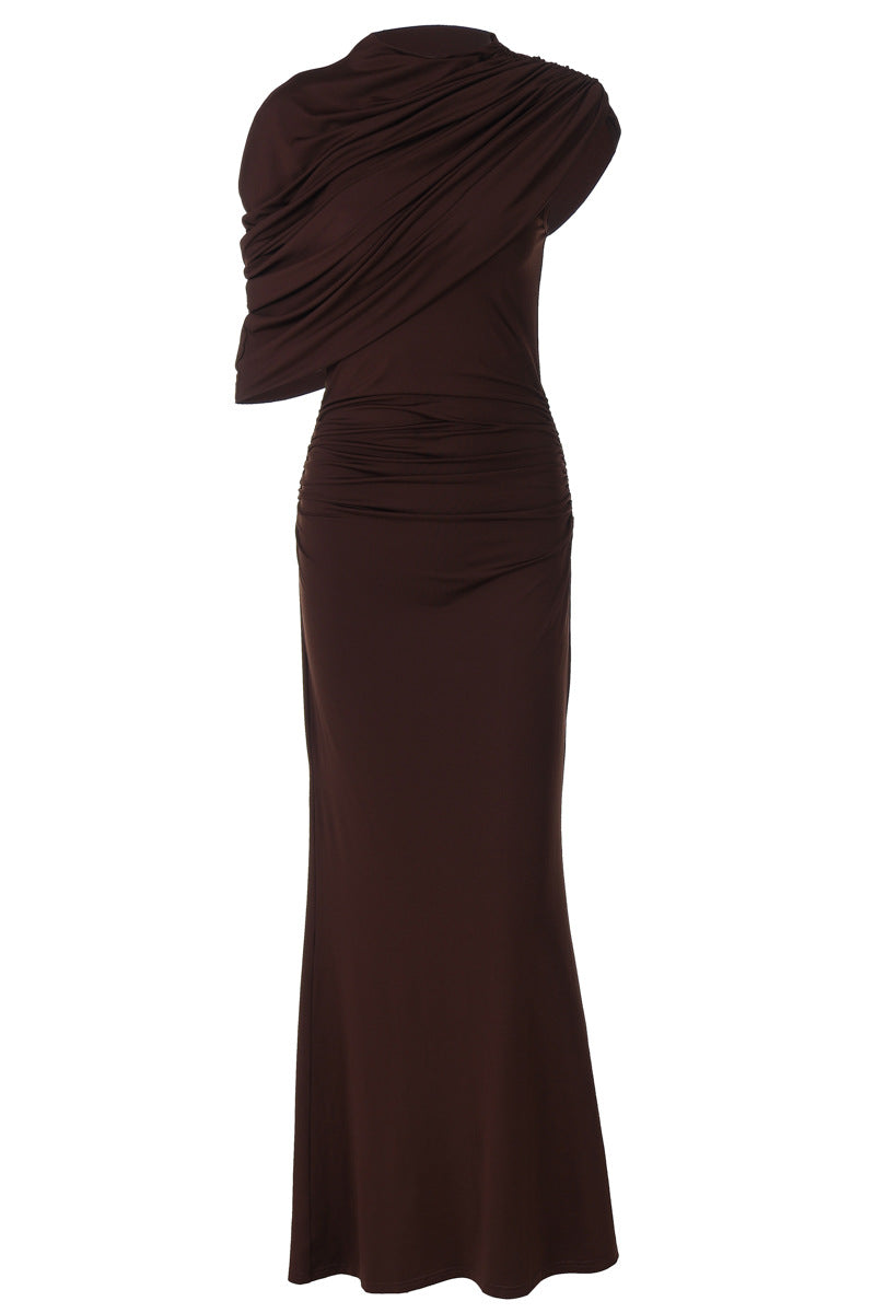 Enchanting design skinny sheath pleated dress in chocolate brown mermaid gown with draped detailing on shoulder and back