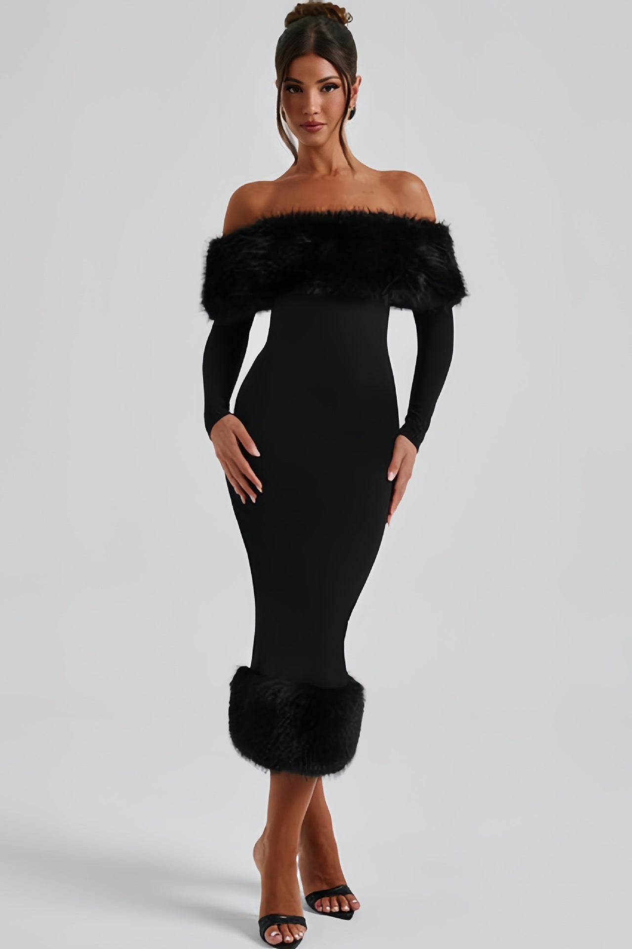 Elegant langry black off-shoulder evening dress with fur trim and long sleeves