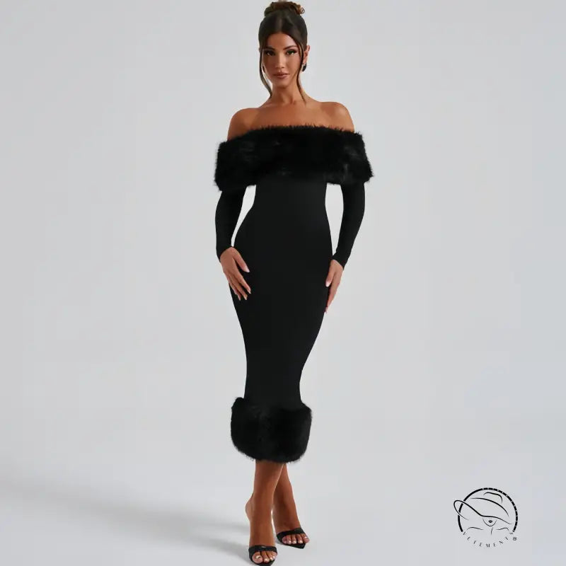Enchanting fur slim fit black off-shoulder dress with fur trim sleeves