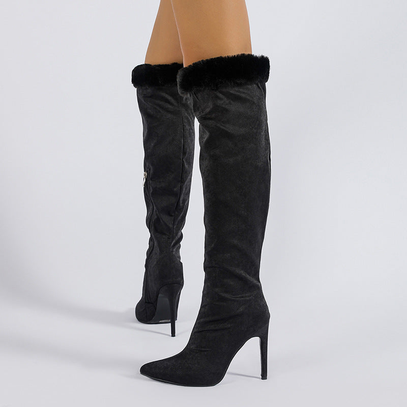 Black thigh-high stiletto fur-trimmed heel high leg boot for stylish winter fashion