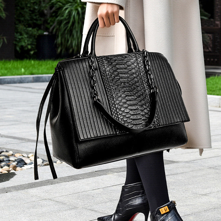 Langry fashion black python skin handbag with crocodile pattern
