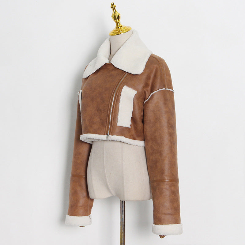 Brown faux-suede cropped jacket with white faux-fur trim, fashionable ملابس for women