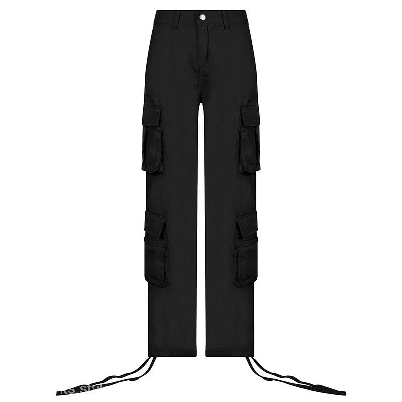Black cargo pants with drawstring hems from HIP HOP LOW WAIST DENIM PANTS collection