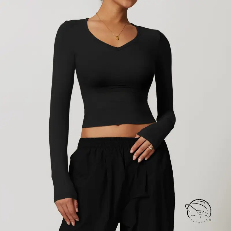 Black long-sleeved crop top in winter quick drying brushed tight yoga t-shirt