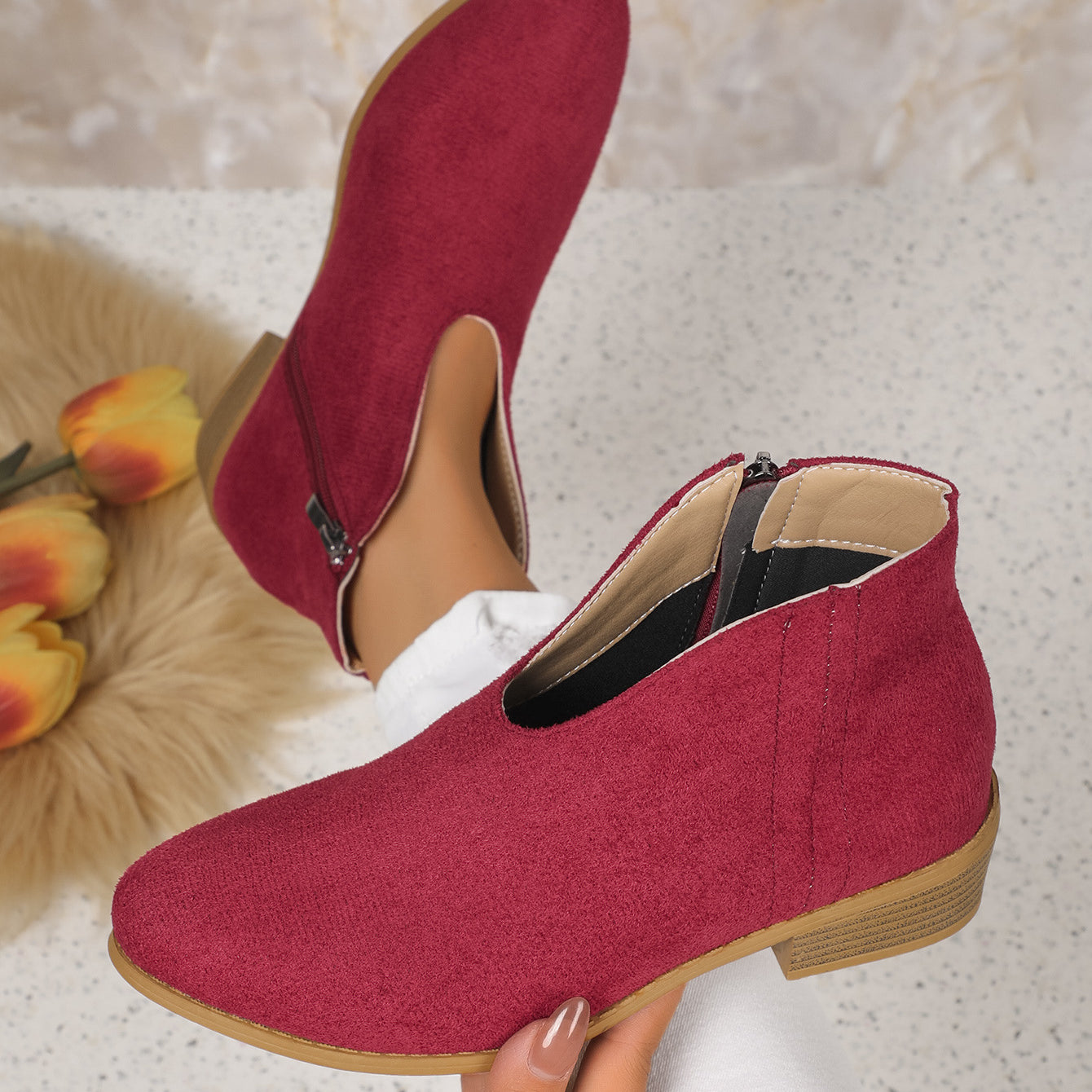 Burgundy suede ankle boots from Winter Cute Boot with discover free shipping offer