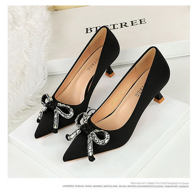 Langry fashion black suede stiletto heels with rhinestone bow accents