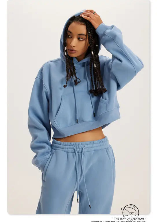 Light blue cropped langry fashion hoodie and sweatpants set