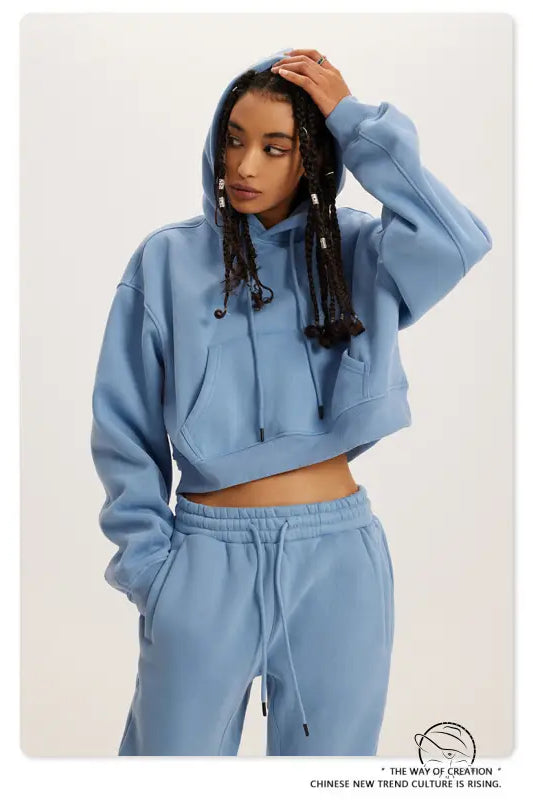 Light blue cropped langry fashion hoodie and sweatpants set
