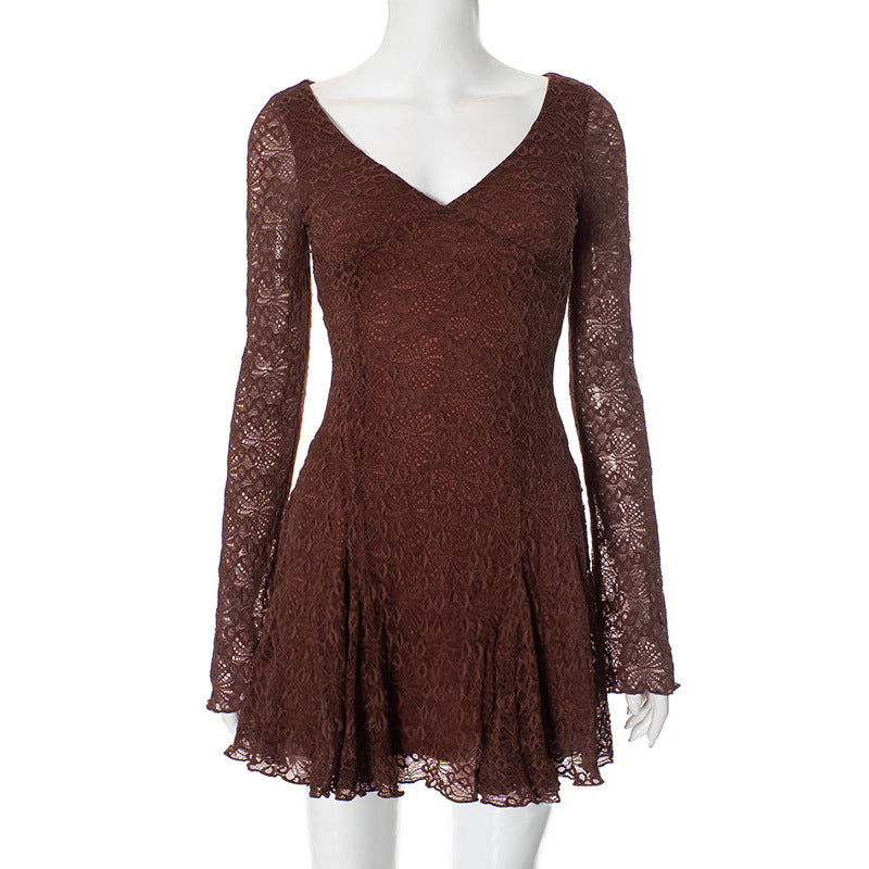 Brown lace dress with long sleeves and v-neckline, perfect for elegant fashion occasions