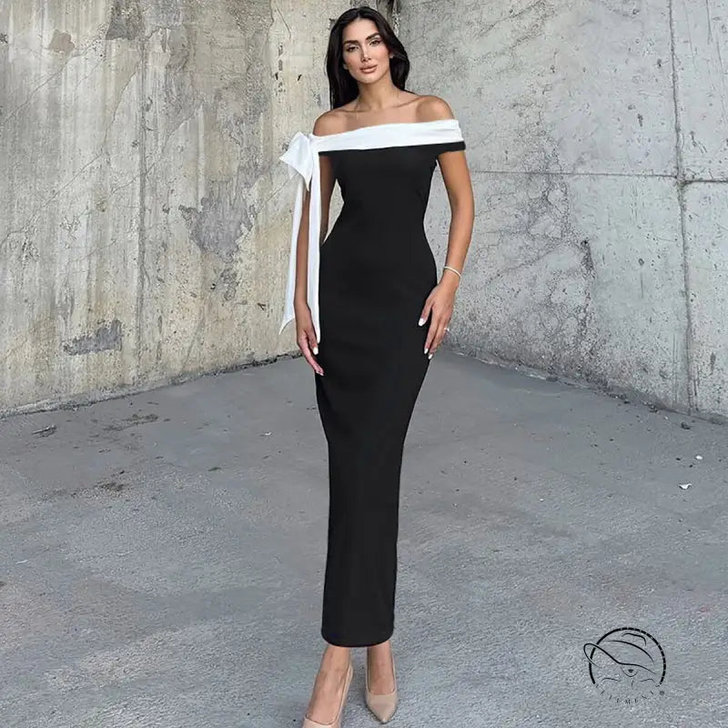 Elegant black and white langry fashion off-shoulder slim dress with contrast neckline