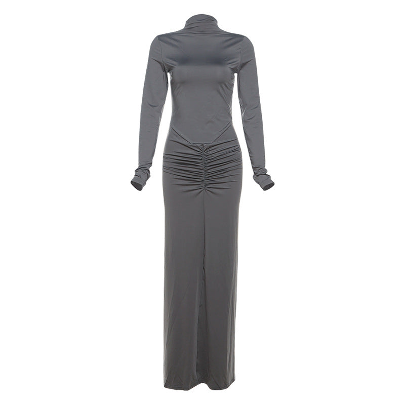 Elegant slimming beam waist maxi dress in gray with long sleeves and turtleneck for fashion