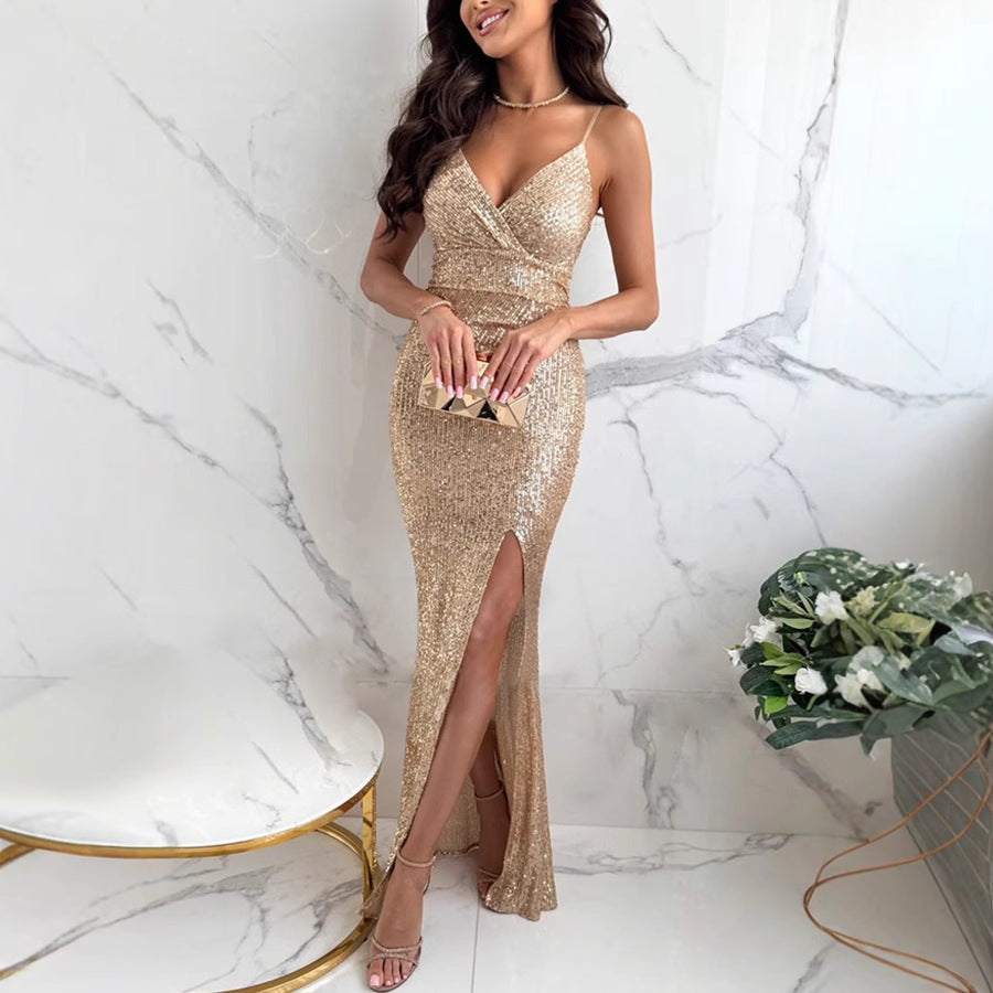 Sequin-covered gold evening gown from Party High Waist Slit Dress, perfect for langry fashion and ملابس occasions