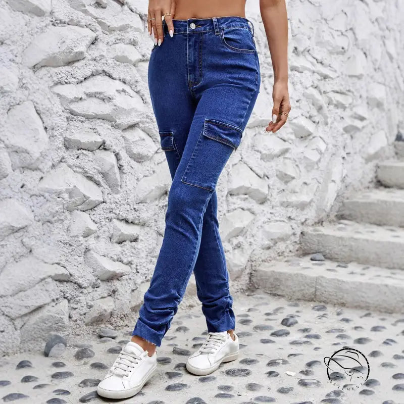 Blue denim cargo pants with pockets, langry fashion jeans, white sneakers
