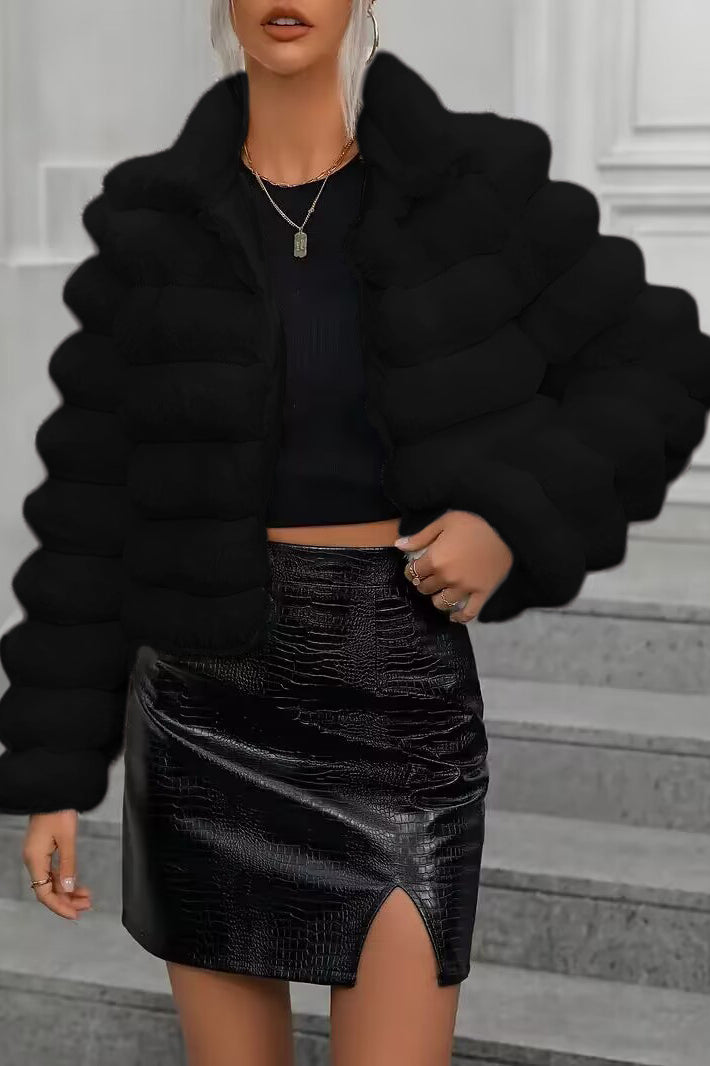 Autumn Winter Faux Fur Coat with Faux Leather Skirt for Elegant Winter Faux Fashion