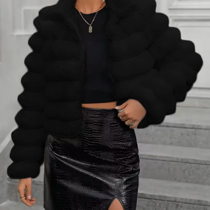 Autumn Winter Faux Fur Coat with Faux Leather Skirt for Elegant Winter Faux Fashion