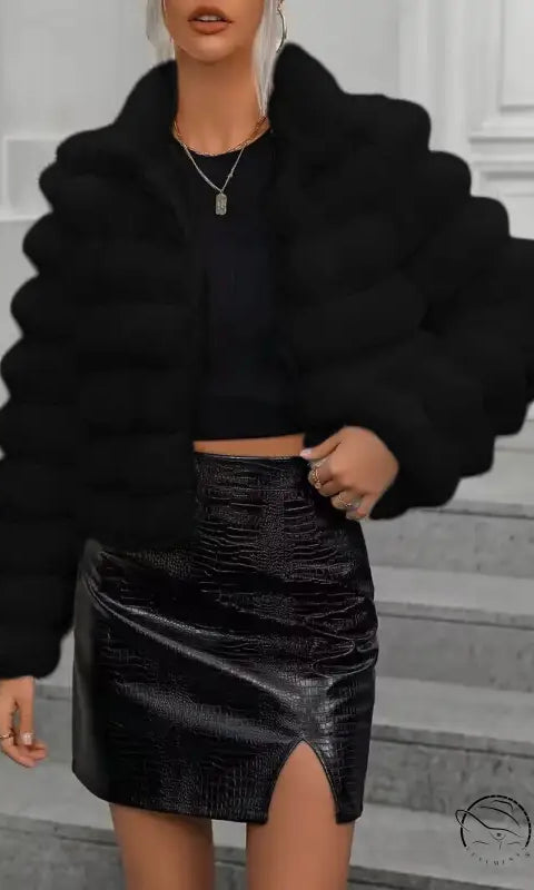 Black faux fur jacket with faux leather skirt for autumn winter faux