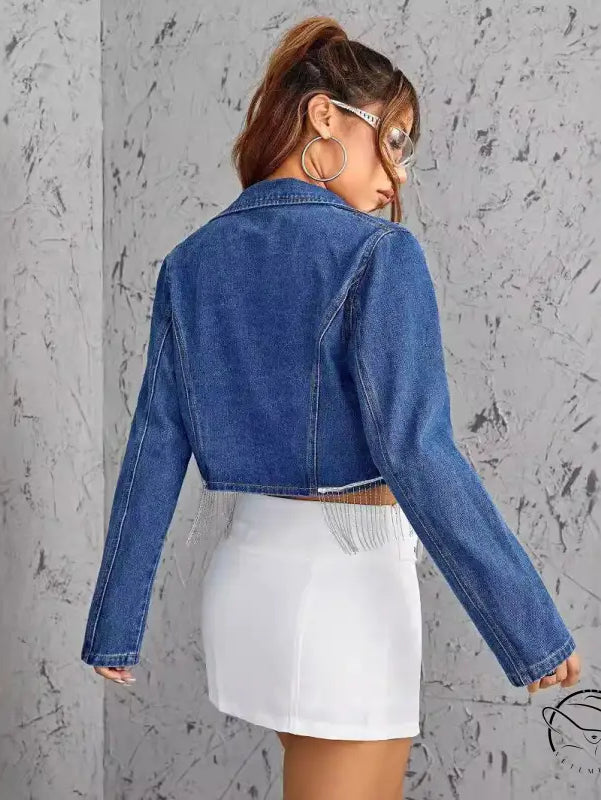Slimming short denim coat with blue fringe detailing