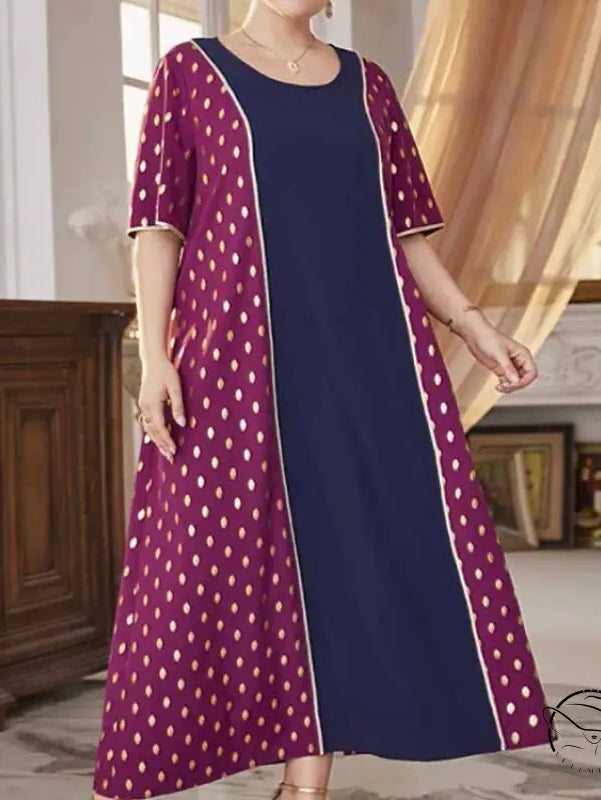 Comfy high waist elastic maxi dress with navy center and maroon gold polka dots