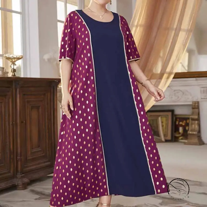 Comfy high waist elastic maxi dress with navy center and maroon gold polka dots