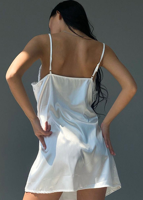 Langry white satin slip dress with lace trim in ice silk pajamas