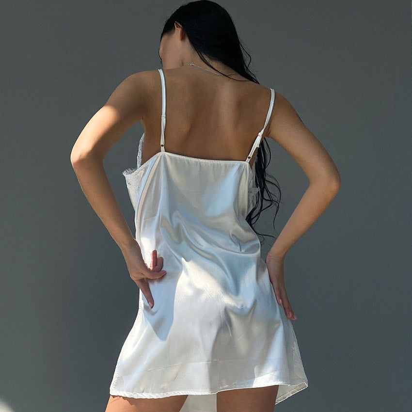 Langry white satin slip dress with lace trim in ice silk pajamas