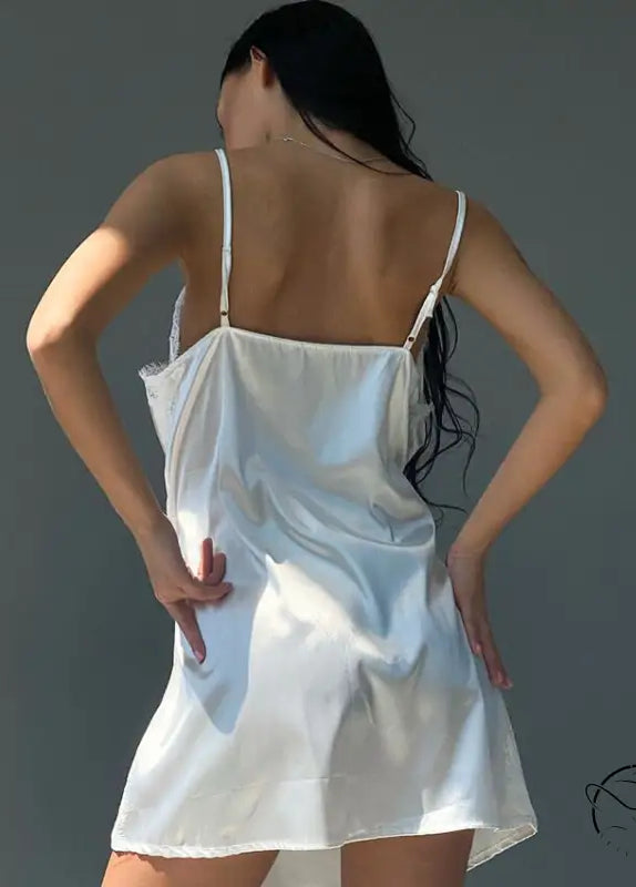 White satin slip dress with lace trim in Langry ice silk pajamas