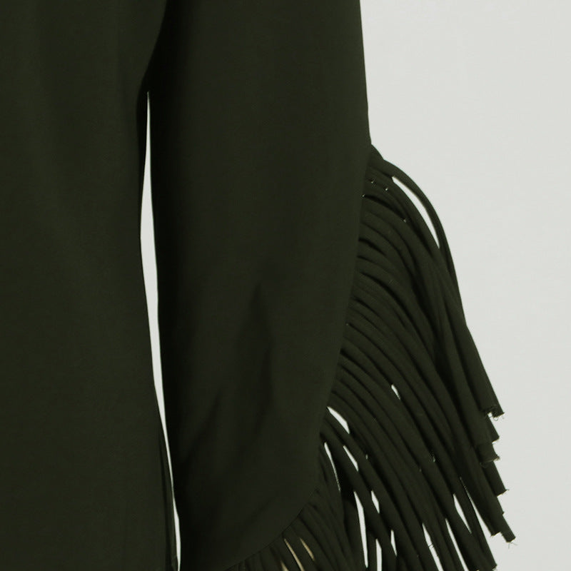 Olive green fringe sleeve detail on Casual Office Summer V Neck Long Sleeve Pants Set
