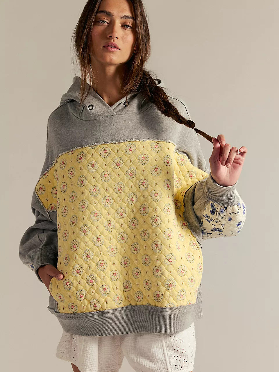 Anthropologie yellow gray oversized quilted hoodie with floral fashion pattern