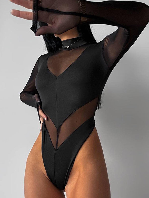 Black mesh-paneled bodysuit with long sleeves, high-cut leg openings for trendy fashion