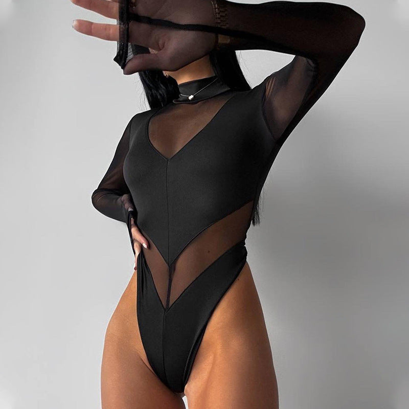 Black mesh-paneled bodysuit with long sleeves, high-cut leg openings for trendy fashion