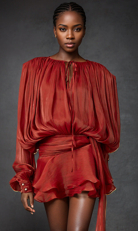 Rust-colored silky long sleeve dress in Gorgeous Design, a stylish langry fashion ملابس