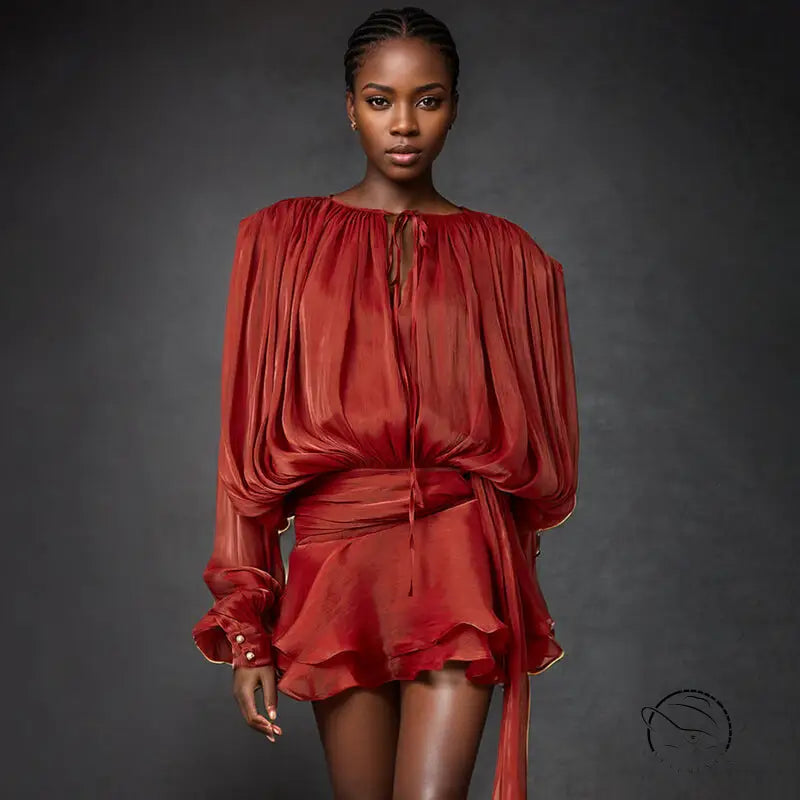 Rust-colored silky short mesh dress with long sleeves