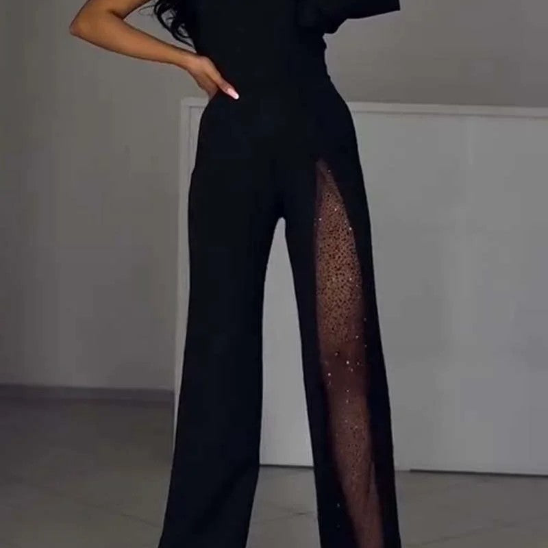 Elegant black Langry fashion one-shoulder jumpsuit with sheer embellished leg panel