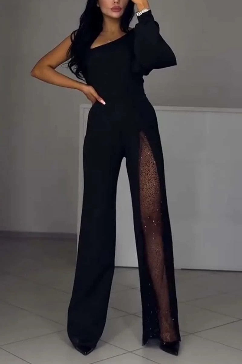 Elegant black Langry fashion one-shoulder jumpsuit with sheer embellished leg panel