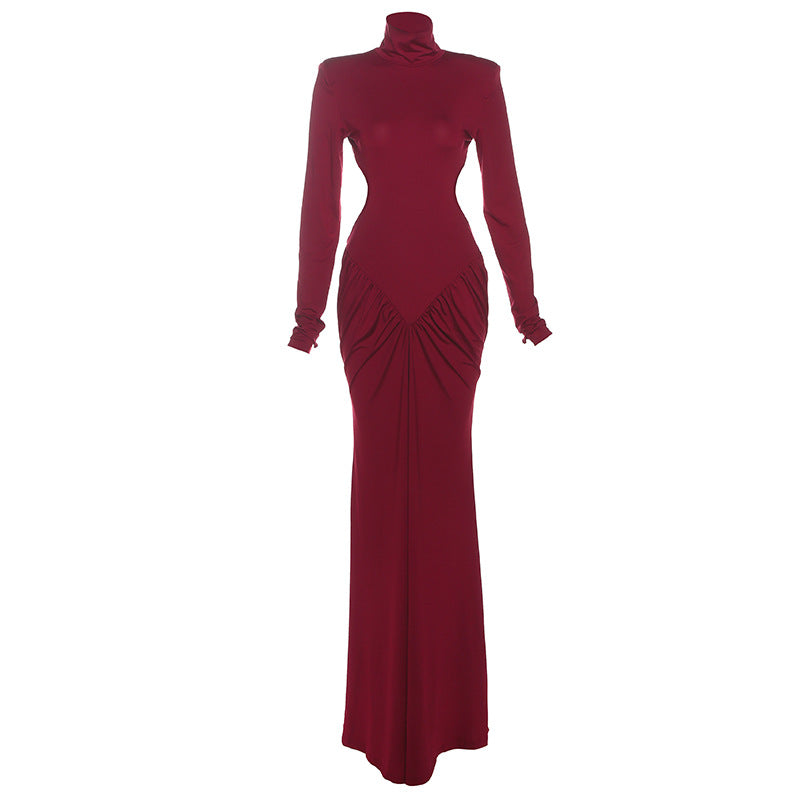 Beautiful high collar wine maxi dress with ruched waist