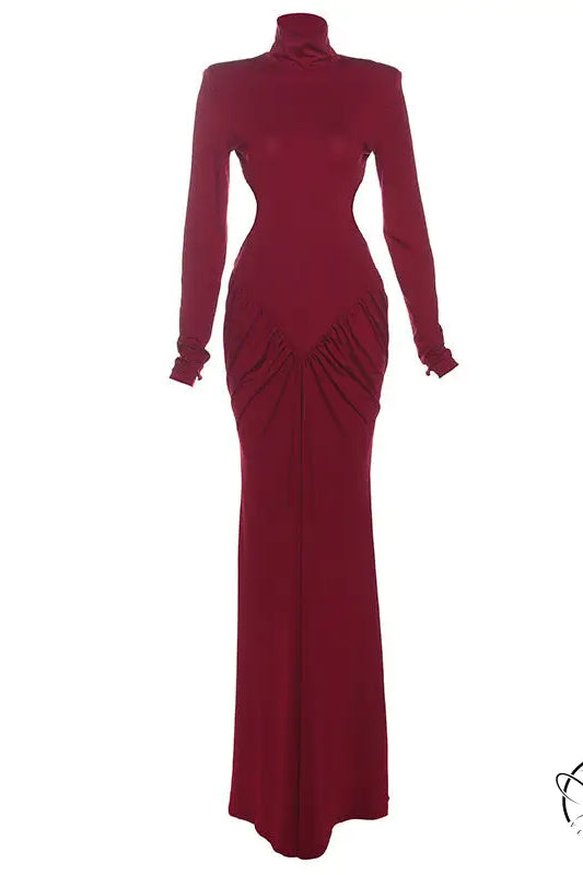 Beautiful high collar maxi dress in wine with ruched waist